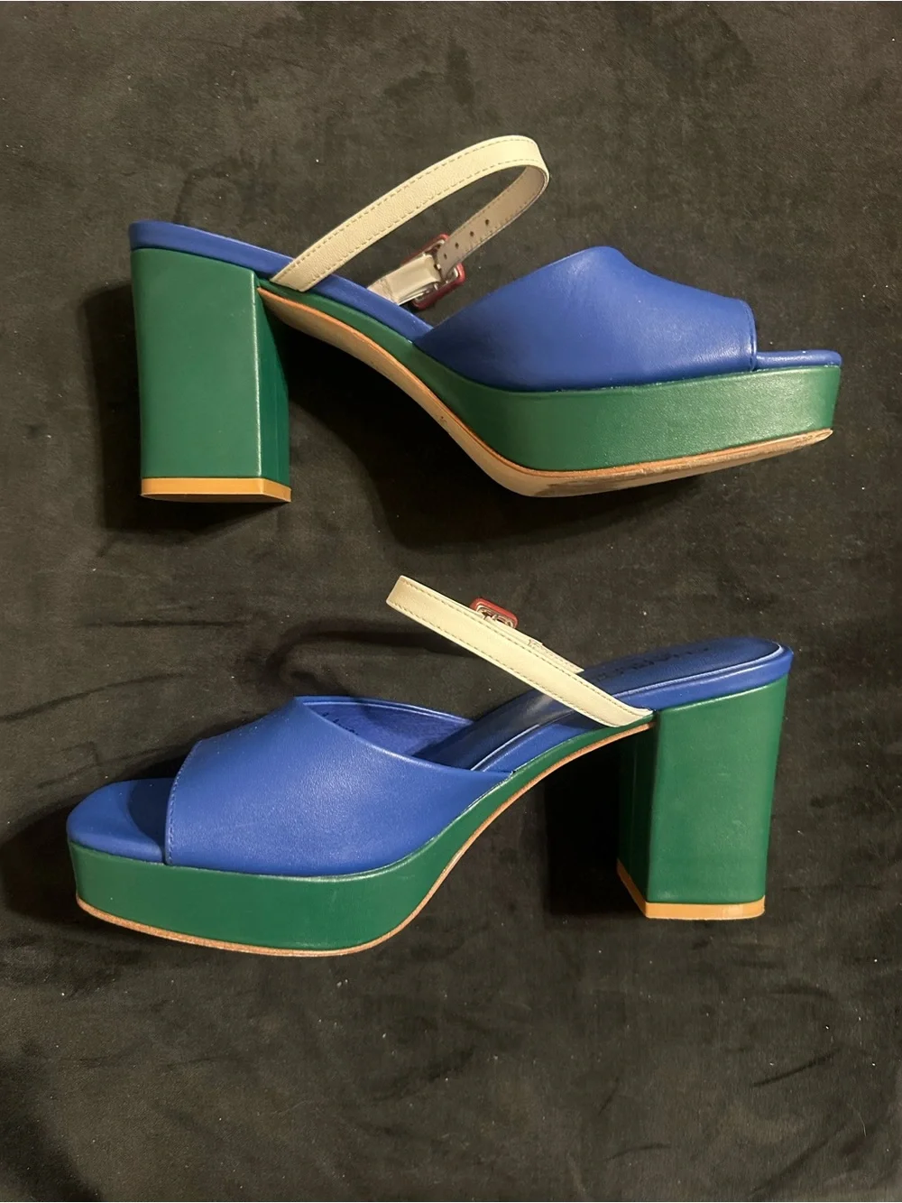 Charlotte Stone Babette size 9 Blue and Green Platform Sandals with Ivory Strap